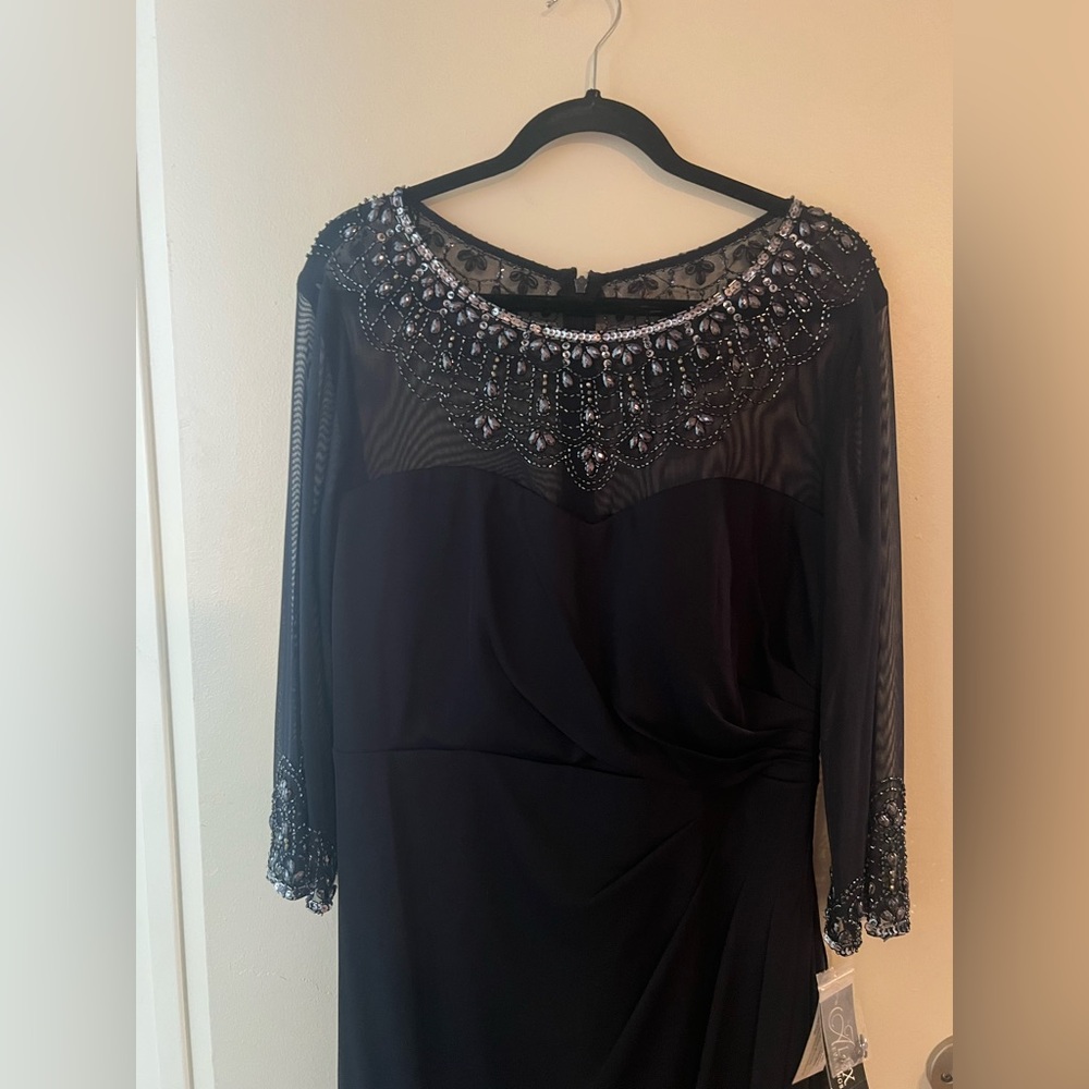 Alex Evenings Navy Blue Beaded Long Sleeve Dress